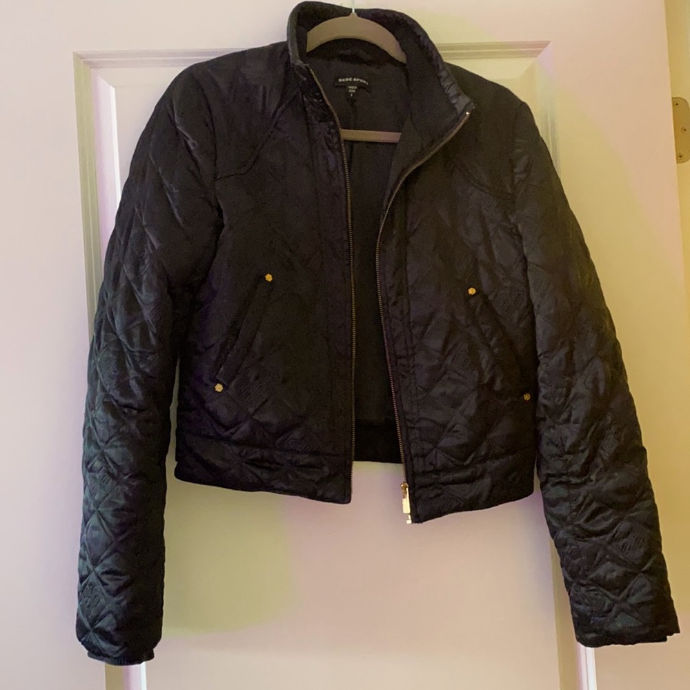 Bebe black small slim puffer hip length jacket with gold hardware
